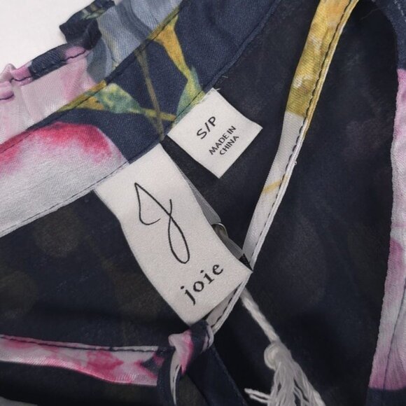 NWT Joie Women's Floral Ruffle Wrist Top Blouse S/P Pleated Tie V Neck Sheer - Picture 2 of 9